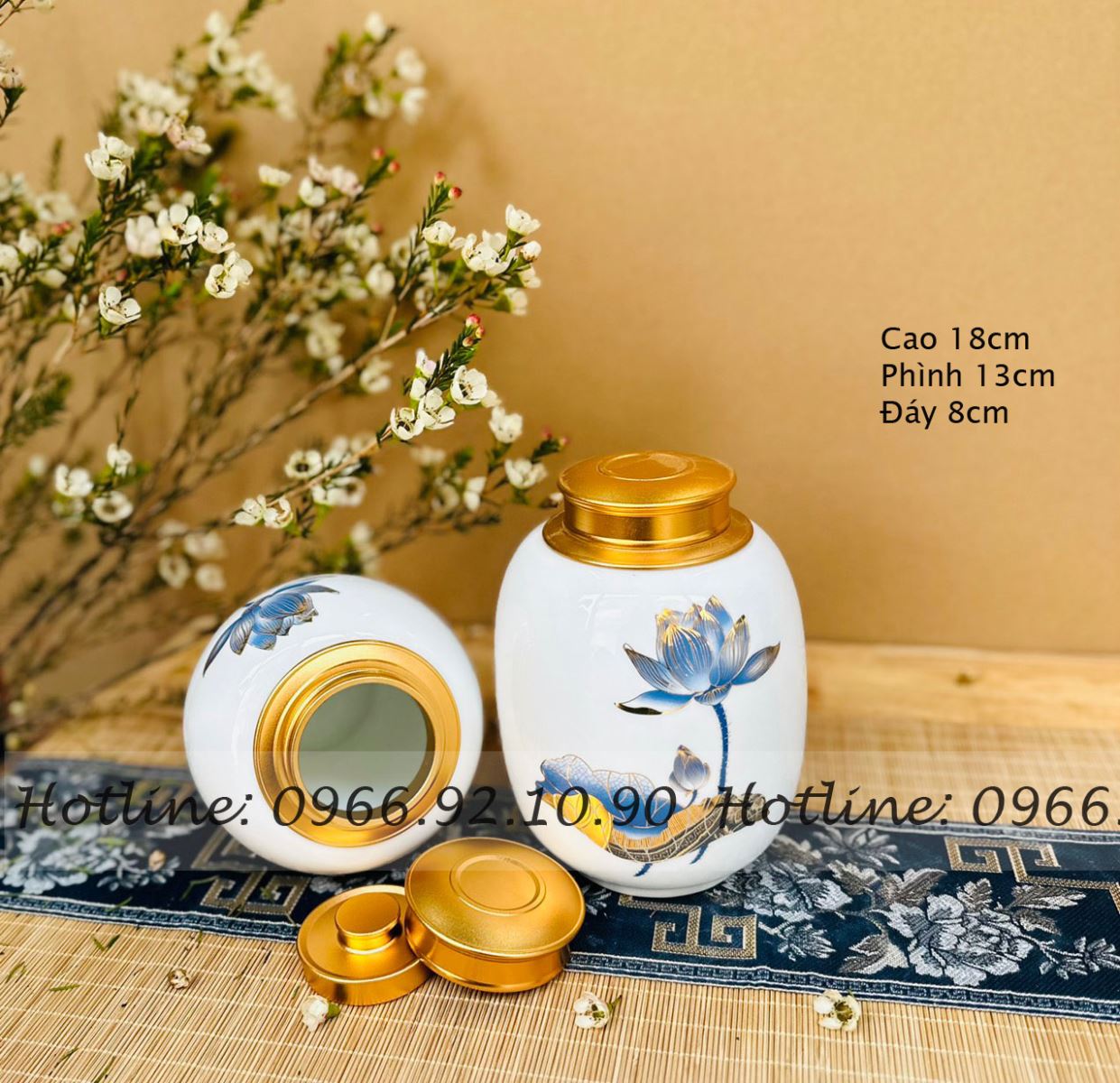 Hộp đựng trà Gốm Bát Tràng họa tiết hoa sen xanh