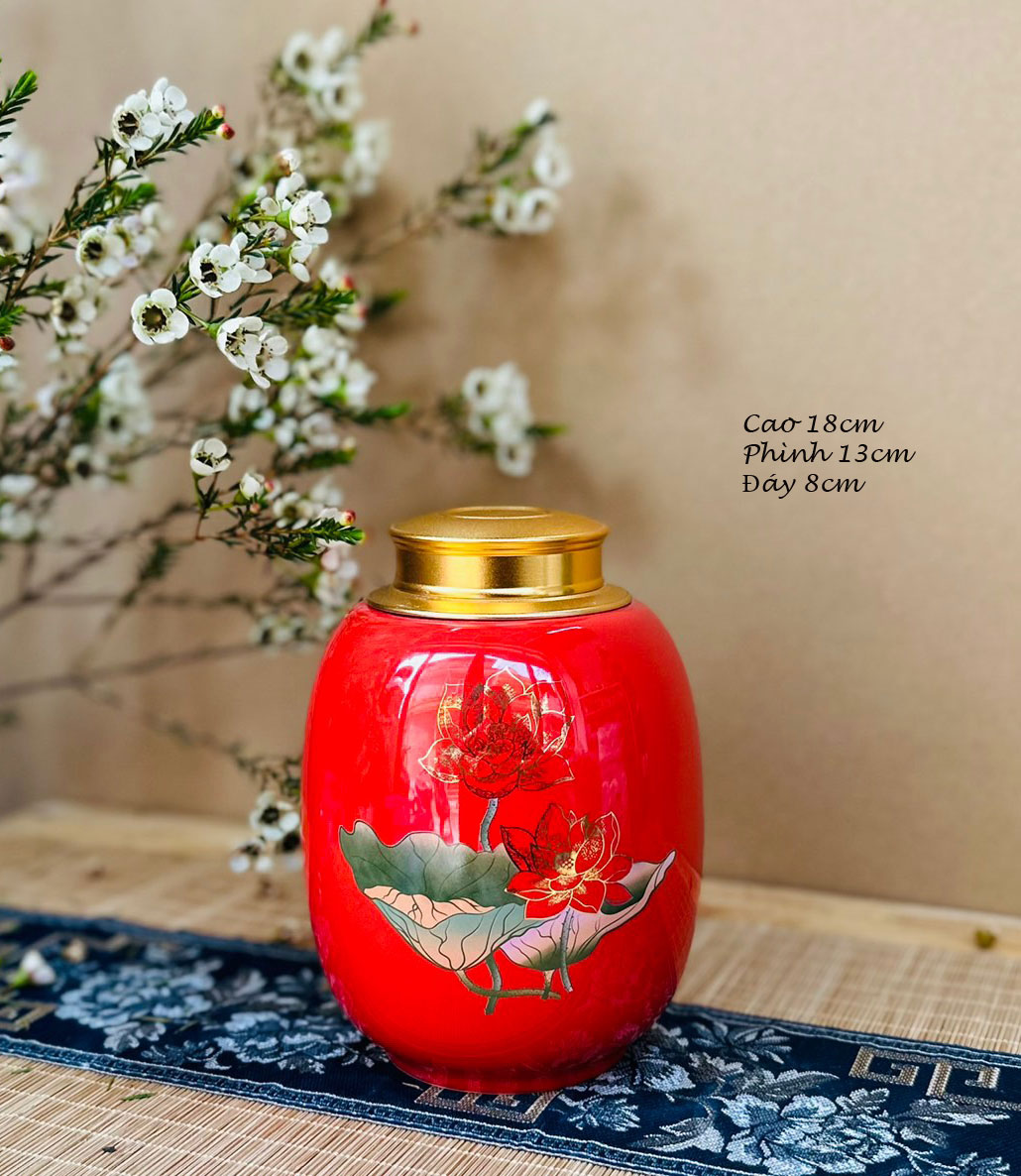 Hộp đựng trà Gốm Bát Tràng màu đỏ họa tiết hoa sen  - HKH002