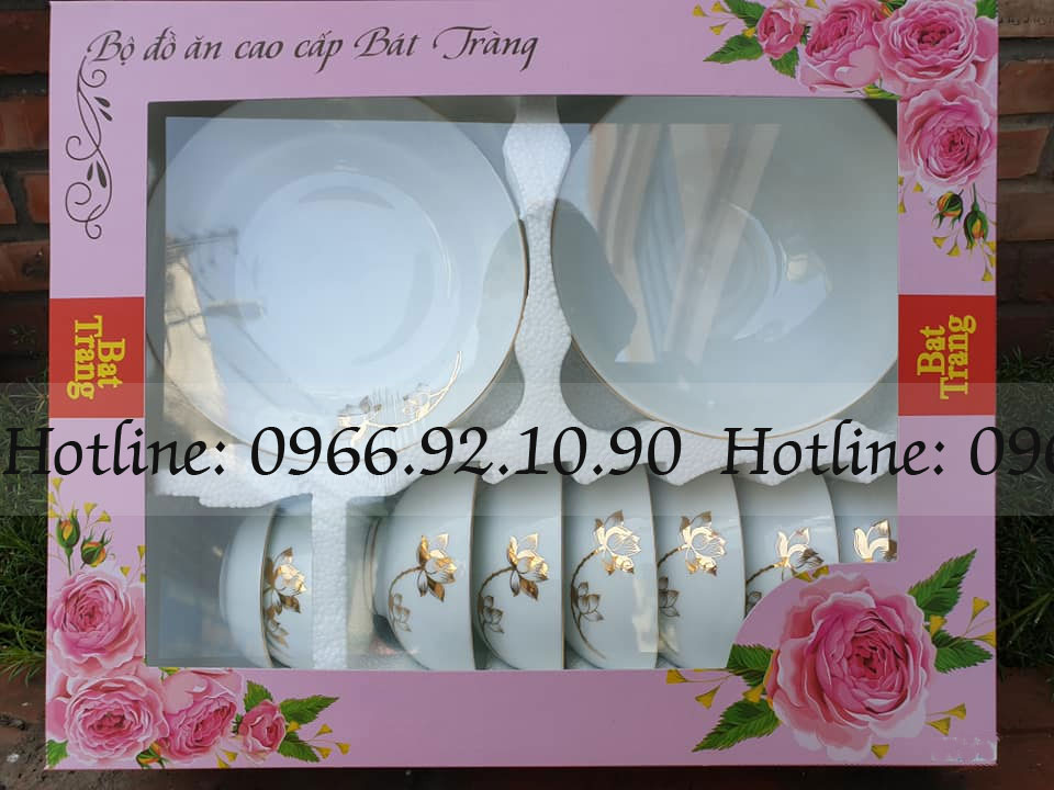 Bộ bát đĩa họa tiết hoa sen vàng kim cao cấp Bát Tràng - 11 sản phẩm
