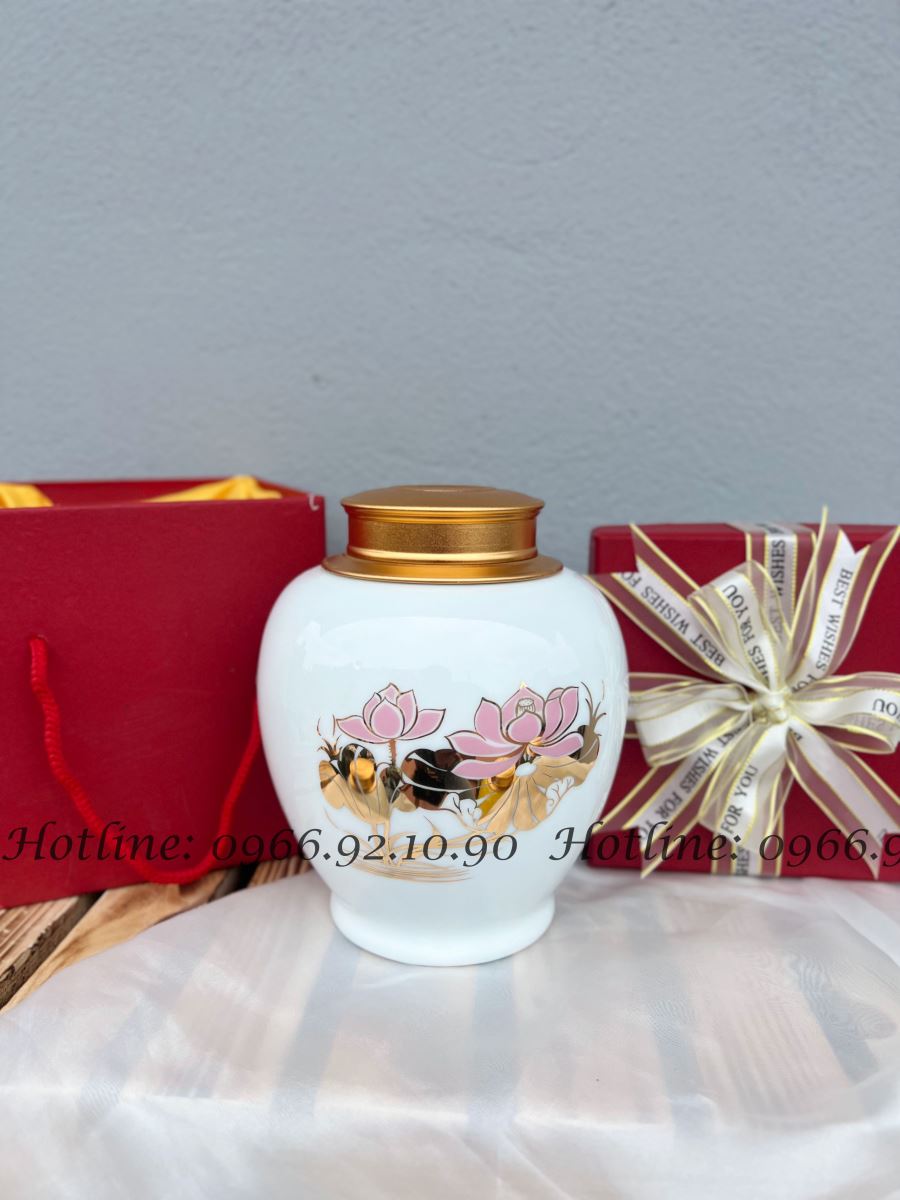 Hộp đựng trà  gốm sứ màu trắng họa tiết hoa sen hồng  - HKH004