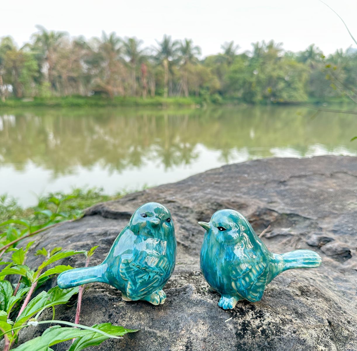 Đôi chim sứ Decor gốm Bát Tràng - màu xanh
