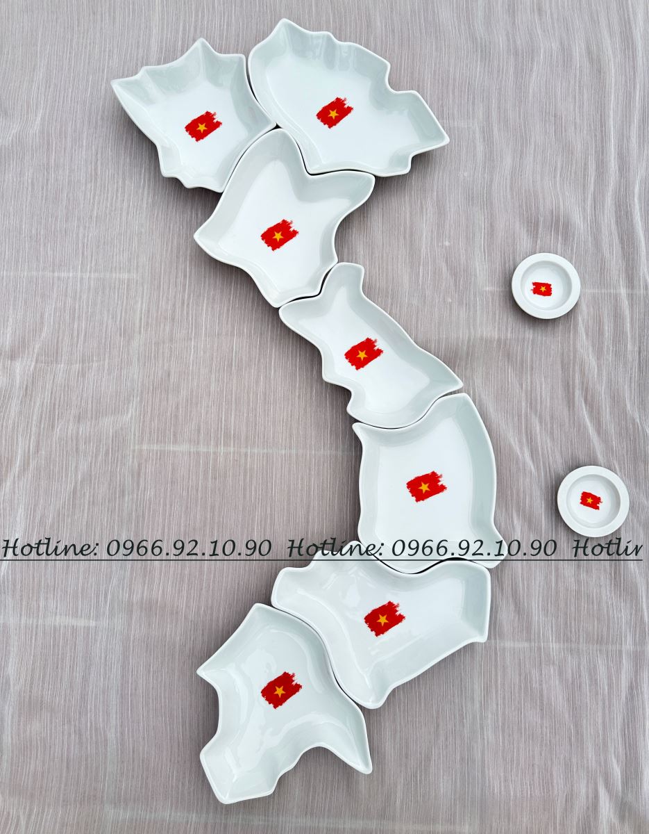 Bộ đồ ăn bản đồ Việt Nam in logo cờ đỏ sao vàng gốm sứ Bát Tràng