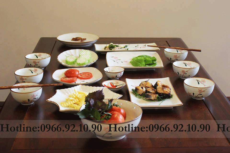 Bộ đồ ăn hoa đào men kem cao cấp Bát Tràng 16 món