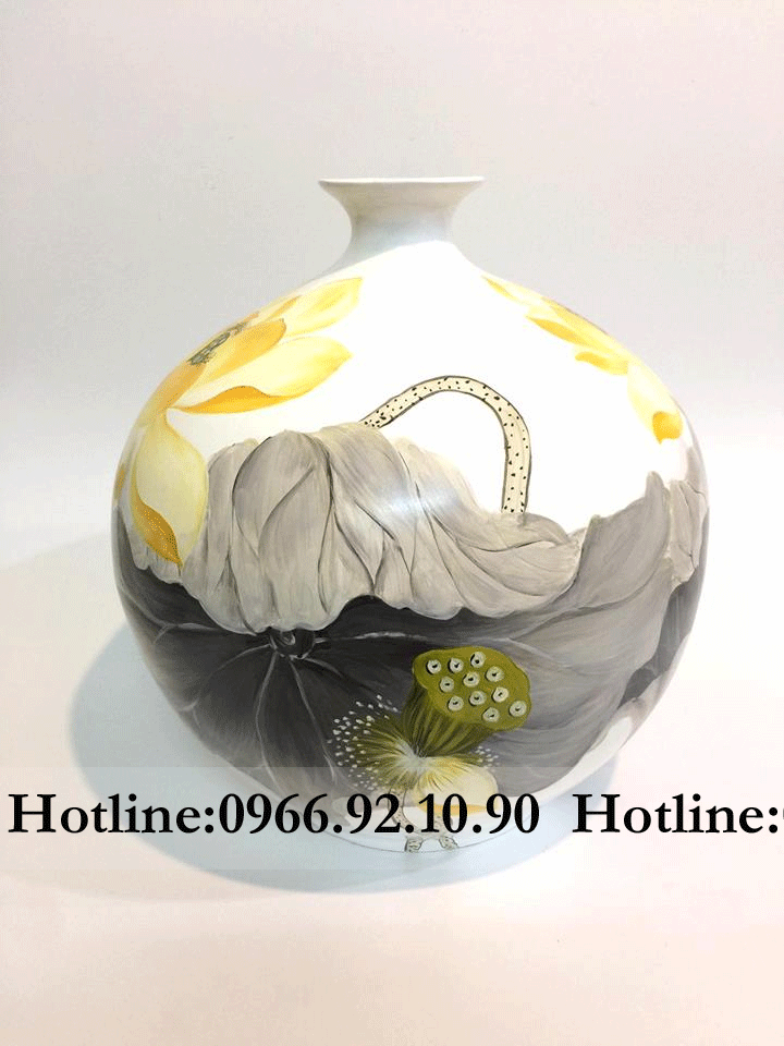 Bình hút tài lộc sơn mài họa tiết sen nền trắng / H30cm