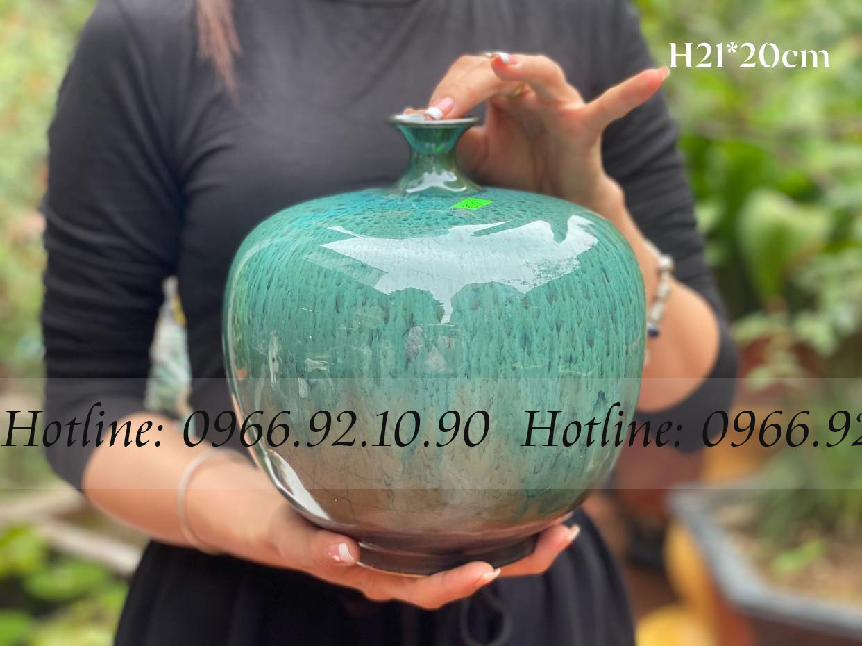 Bình hút lộc dáng táo xanh hỏa biến cao cấp Bát Tràng H21cm