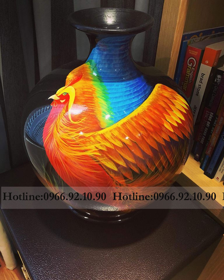 Bình hút tài lộc sơn mài họa tiết phượng hoàng lửa / H40cm