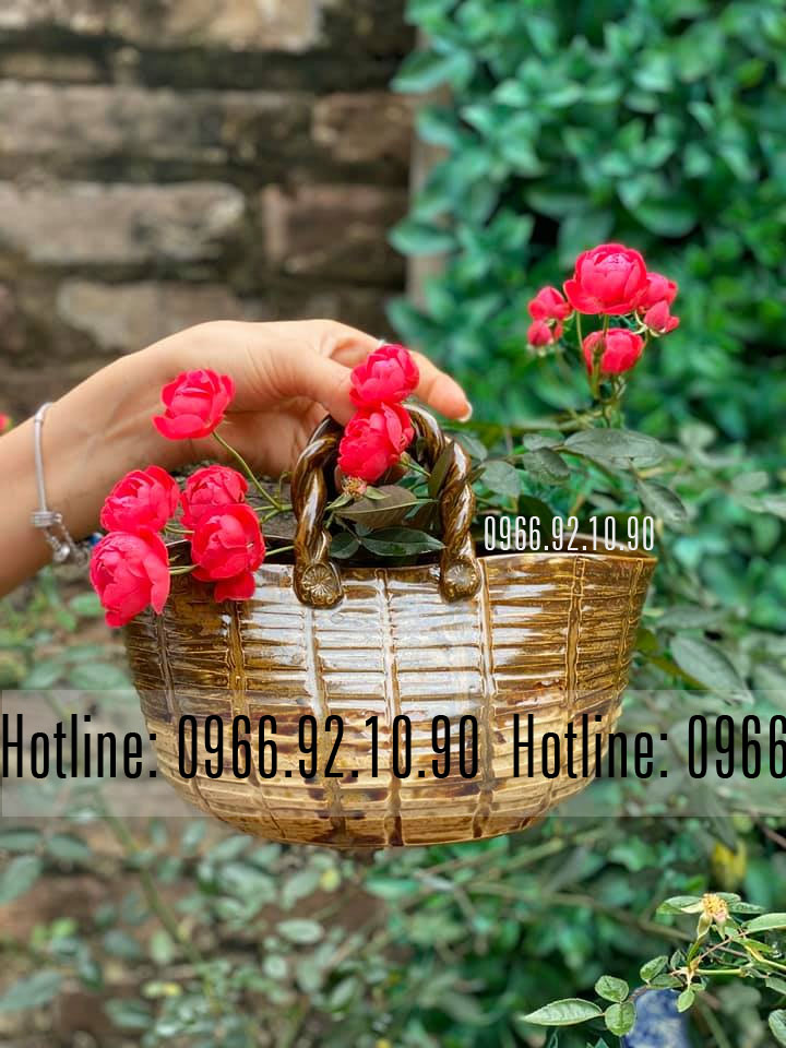 Làn cắm hoa vuốt tay gốm Bát Tràng-H13cm rộng 25cm