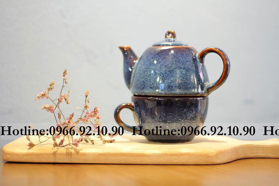 Bộ trà liền thân men hỏa biến xanh  ( Gồm 1 ấm + 1 cốc quai )