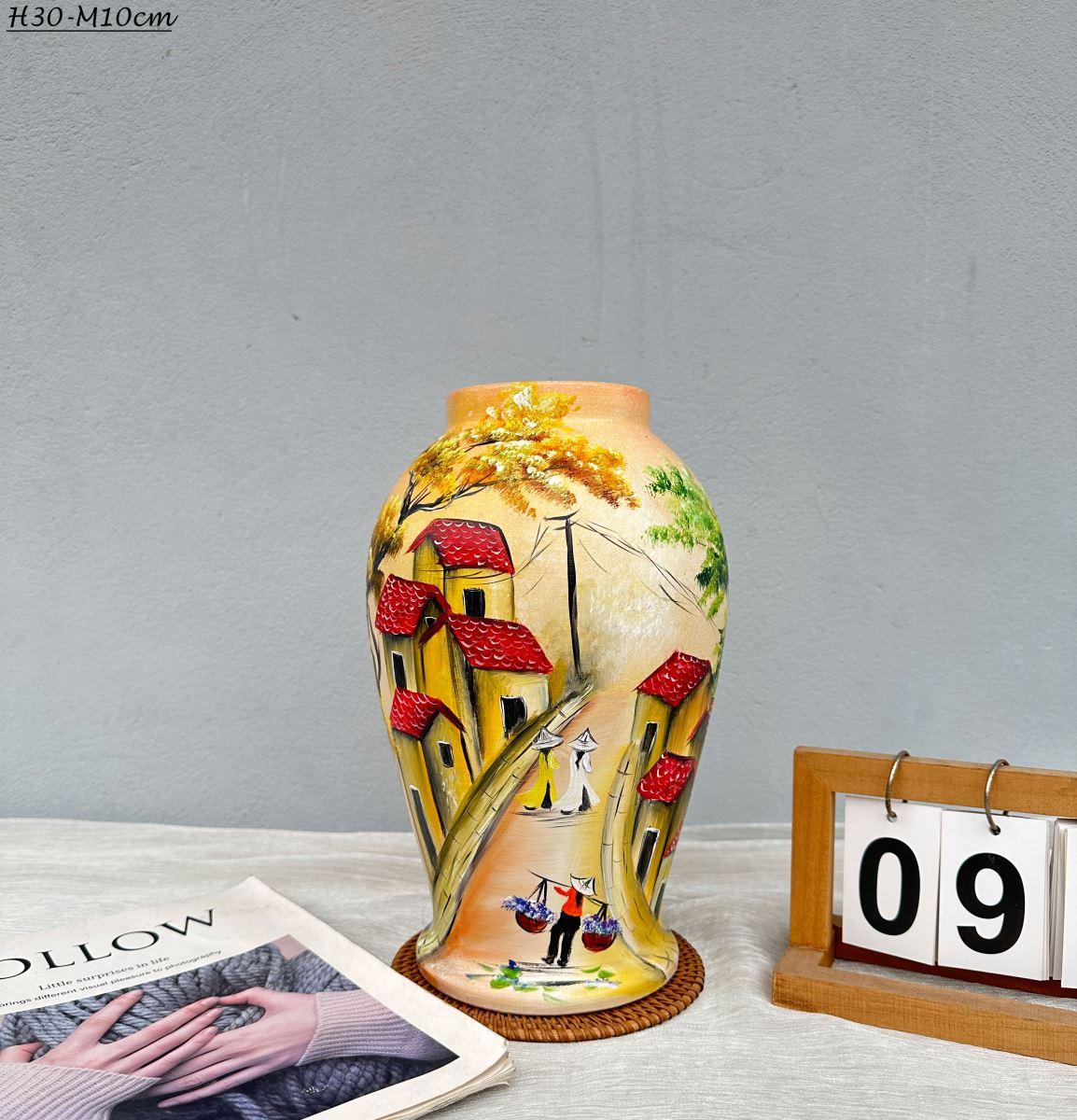 Bình hoa phố cổ sơn 3D vẽ tay thủ công -H30cm