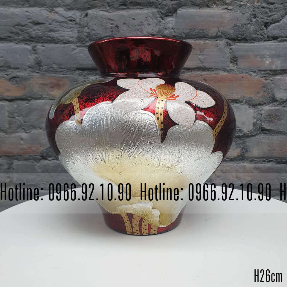 Vò dáng phễu họa tiết hoa sen nền đỏ mận H26cm