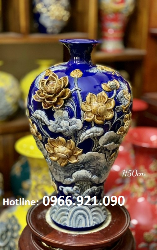 Mai bình đắp nổi họa tiết hoa Sen-  Vẽ vàng H50cm